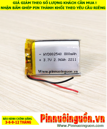 LiPo 802540, Pin sạc 3.7v LiPolymer 802540 (với 800mAh /8mmx25mmx40mm) /Đã gắn sẳn mạch sạc