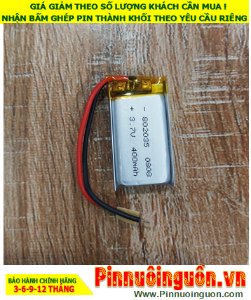 Lipo 802035 (400mAh), Pin sạc 3.7v LiPolymer 802035 với 400mAh (8mmx20mmx35mm) /có sẳn mạch