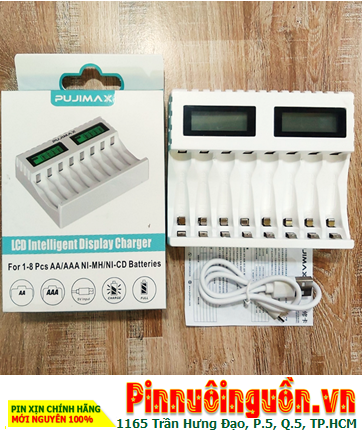 PUJIMAC PJ-LCD006 Máy sạc 8 Pin AA -AAA /với 8 Khe sạc, Màn hình LCD hiển thị tình trạng sạc / BH 03tháng