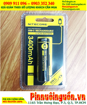 Nitecore NL1834R - Pin sạc 18650 lithium 3.7v Nitecore NL1834R 3400mAh 11.4Wh /thân Pin có cổng sạc USB Type-C