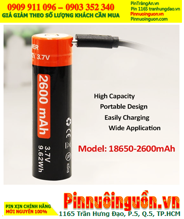 DoublePow USB2600mAh, Pin sạc 3.7v DoublePow 18650-USB 2600mAh cổng USB, kèm Cáp sạc