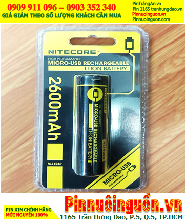 Nitecore NL1826R _ Pin sạc 18650 Lithium Li-ion 3.7v Nitecore NL1826R 2600mAh 9.62Wh (Thân Pin có cổng sạc USB Type C)