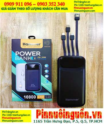 HAMMER H-PC01 PowerBank Pin dự phòng 10 000mAh 74Wh (22.5W Super Fast Charge QC 3.0, LED LCD, 04 dây cáp)