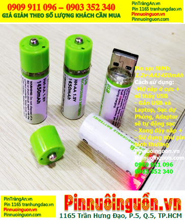 USB-AA1450mAh, Viên pin sạc NiMh 1.2v USB-AA1450mAh (tích hợp USB sạc vào Pin sẳn)