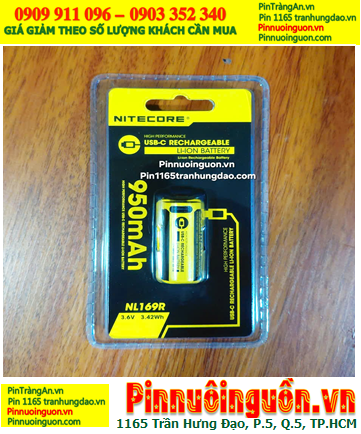 Nitecore NL169R; Pin sạc 16340 CR123A Nitecore NL169R 3.7v 950mAh 3.42Wh /Thân có cổng sạc USB-Type C
