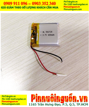 Lipo 582728, Pin sạc 3.7v Lipolymer 582728 (400mAh, 5.8mmx27mmx28mm) đã gắn sẳn mạch sạc